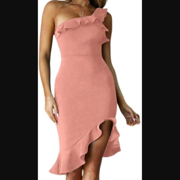 NWT Women's One Shoulder Ruffle Midi Bodycon Dress - Pink/Dusty Rose - Size M - Picture 1 of 3